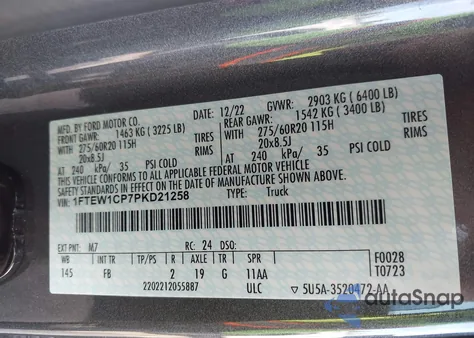 2023 Ford F-150 Xlt из США, поврежденный, VIN 1FTEW1CP7PKD21258